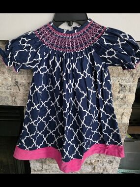 Lolly Wolly Doodle Navy & Hot Pink Smocked Patterned Dress Size 3